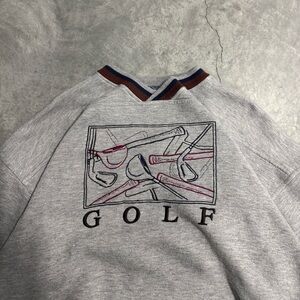 Lee Grey V-Neck Sweater with Golf Graphic and Navy-Rust Trim